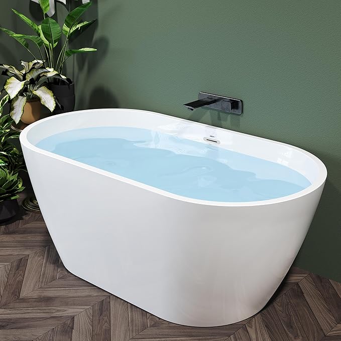 FerdY Nauru 55" Acrylic Freestanding Bathtub, Gracefully Shaped Freestanding Soaking Bathtub, Glossy White cUPC Certified, Toe-Tap Chrome Drain and Classic Slotted Overflow Included
