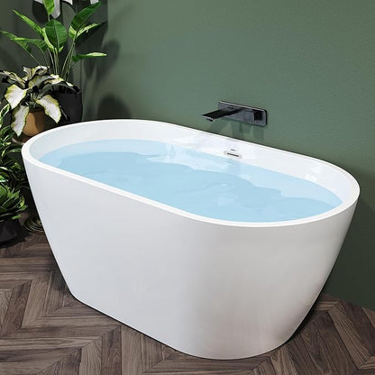 FerdY Nauru 55" Acrylic Freestanding Bathtub, Gracefully Shaped Freestanding Soaking Bathtub, Glossy White cUPC Certified, Toe-Tap Chrome Drain and Classic Slotted Overflow Included