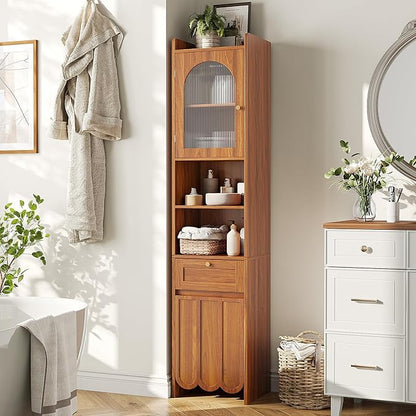 Maupvit 68” Tall Bathroom Storage Cabinet, Narrow Freestanding Cabinet with Fluted Glass Door and Drawer, 3-Tier Adjustable Shelves, Wave-like Panel, 14.9" Wide for Small Space, 8 Compartments, Walnut