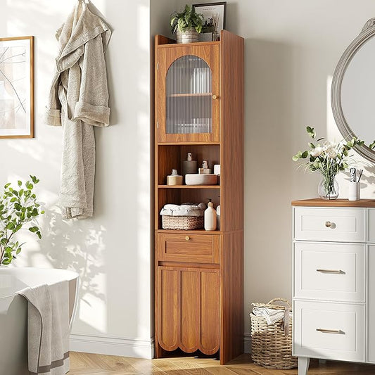 Maupvit 68” Tall Bathroom Storage Cabinet, Narrow Freestanding Cabinet with Fluted Glass Door and Drawer, 3-Tier Adjustable Shelves, Wave-like Panel, 14.9" Wide for Small Space, 8 Compartments, Walnut