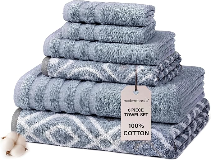 Modern Threads Oxford 6-Piece 100% Cotton Towel Set – Yarn Dyed Jacquard & Solid – Includes 2 Bath Towels, 2 Hand Towels, 2 Washcloths – Absorbent, Quick Dry, Soft & Durable – Blue