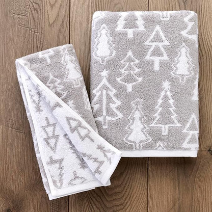 SKL Home Christmas/Winter Mod Tree 100% Cotton Premium 2-Piece Hand Towel Set, 450 GSM, Reversible Jacquard, Soft & Absorbent, Decorative for Bath/Kitchen/Bar, Gray