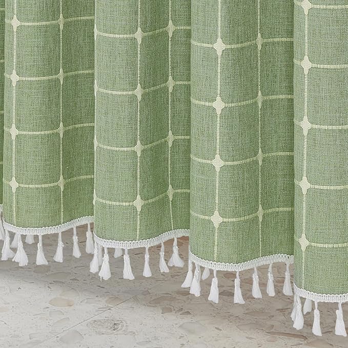 MitoVilla Sage Green Boho Extra Long Shower Curtain 72 x 84, Modern Farmhouse 84 inch XL Rustic Polyester Linen Tassel Heavy Duty Shower Curtain Set with Hooks for Cottagecore Country Bathroom Decor
