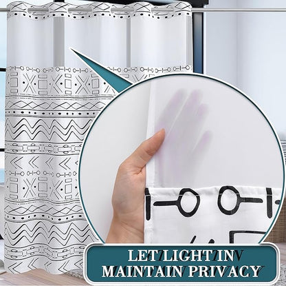 Conbo Mio Extra Long No Hook Boho Shower Curtain with Snap in Liner Set, Hotel Luxury White Shower Curtains for Bathroom with See Through Top Window, Waterproof, Washable 71W x 84H
