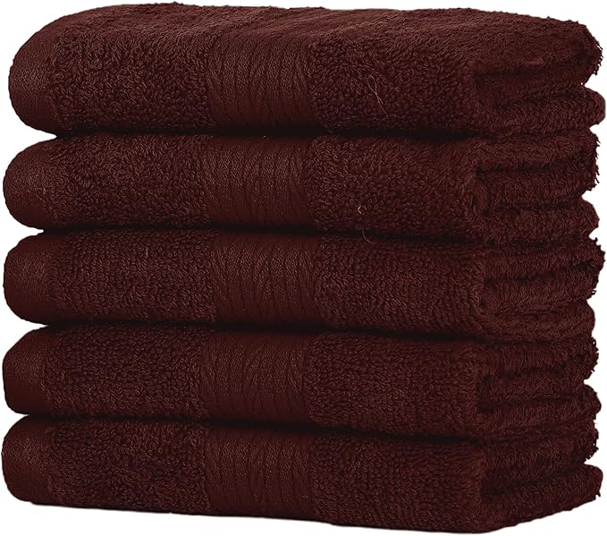 Ample Decor Washcloths Pack of 5 12 X 12 Inch, 600 GSM 100% Cotton Soft Absorbent, Premium Quality Durable Ideal for Bathroom, Pool, Hotel, Spa - Brown