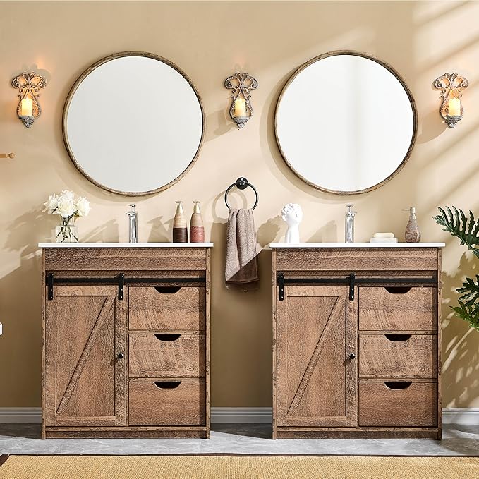 30" Farmhouse Bathroom Vanity with Ceramic Sink Combo, Freestanding Modern Bathroom Storage Vanity Cabinet w/Sliding Barn Door, 3 Drawers & Adjustable Shelves, Light Brown