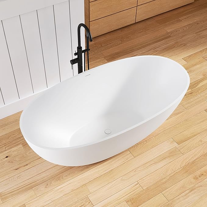 71'' Freestanding Solid Surface Resin Stone Bathtub, Freestanding Tub, Contemporary Design Stand Alone Tub with Pop-up Drain and Overflow, cUPC Certified, Matte White (Oval) AM3031800…