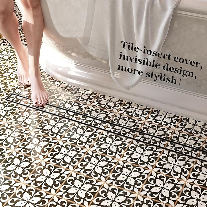 Neodrain 48-Inch Linear Shower Drain with Tile Insert Grate, Matte Black 304 Stainless Steel Rectangle Shower Floor Drain, Linear Drain with Leveling Feet, Hair Strainer