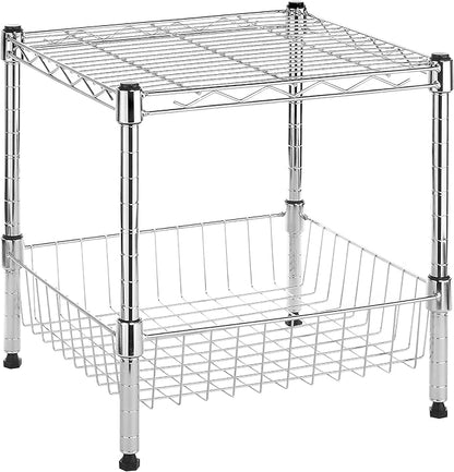 Whitmor 2 Tier Metal Storage Shelves, Heavy Duty Shelf with Basket, 350 lbs Capacity per Shelf, 700 lbs Total, Home Organizer for Kitchen, Bathroom, Bedroom, 15" L x 14" W x 15" H, Chrome