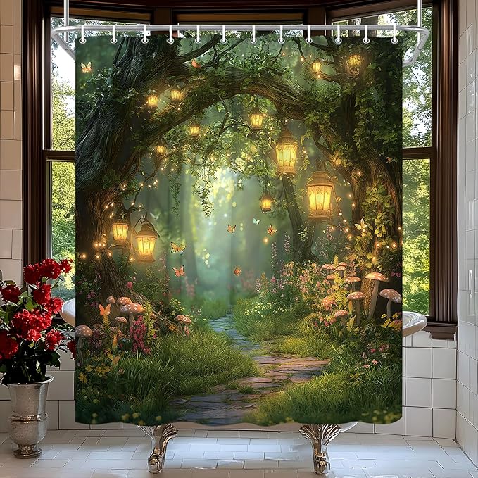 Fantasy Forest Path Shower Curtain Fairy Magical Enchanted Misty Jungle Mushroom Floral Tree Butterfly Lantern Wonderland Plant Bath Curtain Fabric Bathroom Accessories Decor with Hooks 75W x70L