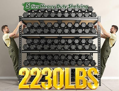 59.9" W Garage Shelves 2230LBS Metal Shelving, 5 Tier Adjustable Garage Storage Shelves, Heavy Duty Shelving for Storage, Basement, Warehouse, Pantry, Kitchen, 59.9"W x 24.1"D x 72.1"H, Black