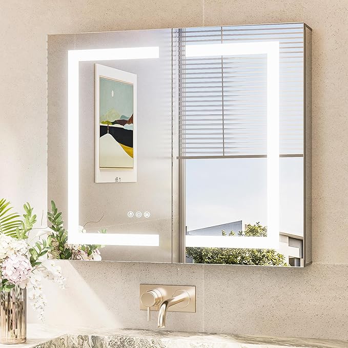 TokeShimi 30x26 Recessed Medicine Cabinet with Lights 3 Color Dimmable and Defogger, Led Medicine Cabinet Mirrored with Outlet Surface or Recessed, Bathroom Mirror with Storage Adjustable