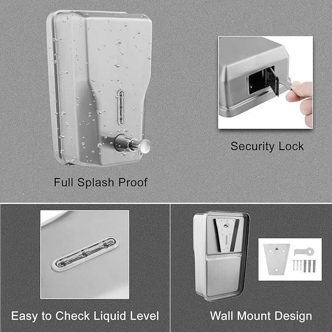 Wall Mount Stainless Steel Soap Dispenser for Bathroom, 48oz (1400ml) Commercial Wall Mounted Metal Liquid Refillable Hand Soap Dispenser