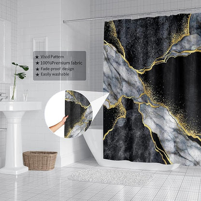 Domoku Black Gold Marble Shower Curtain, Modern Abstract Design, Waterproof Washable Fabric, 72 X 72