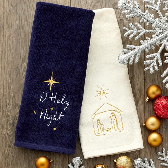 SKL Home Religious/Christmas/Winter O Holy Night Hand Towel 2pc Set for Bath/Kitchen & Gift, Navy
