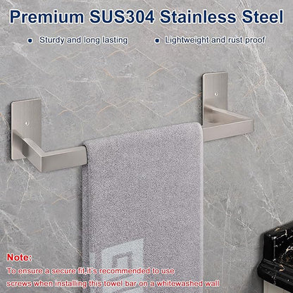 NearMoon Self Adhesive Bathroom Towel Bar, Stainless Steel Square Bath Wall Shelf Rack Hanging Towel Stick On Sticky Hanger Contemporary Style, Towel Rack Wall Mounted (16 Inch, Brushed Nickel)