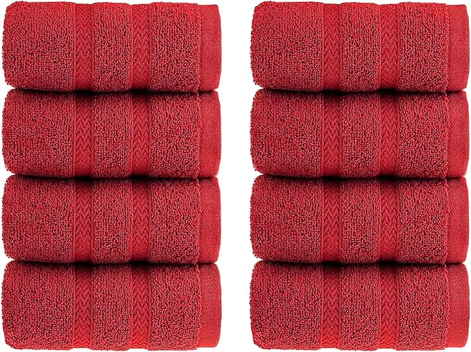 HALLEY Turkish 8 Pack Premium Washcloths (8 Pieces) 650 GSM Highly Absorbent Super Soft 100% Cotton - 8 Washcloths (Red)