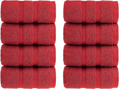 HALLEY Turkish 8 Pack Premium Washcloths (8 Pieces) 650 GSM Highly Absorbent Super Soft 100% Cotton - 8 Washcloths (Red)