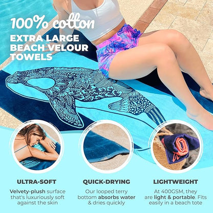 Nova Blue Orca Beach Towel (34 X 63) – Navy & Blue Colorway with Tropical Whale Design Travel Beach Towels Made from 100% Cotton – Vibrant Colorful Blanket Towel – Extra Large