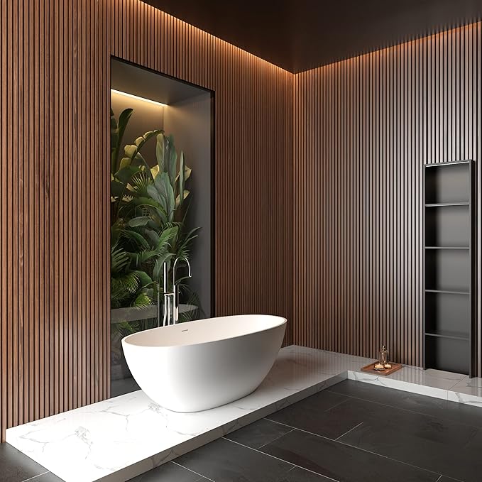 Abruzzo 65" Matte White Freestanding Solid Surface Bathtub, Luxury Handcrafted Stone Resin Freestanding Soaking Bathtub with Overflow and Pop-up Drain