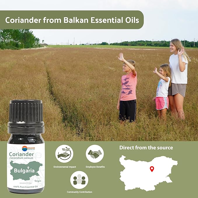 Coriander Essential Oil - Direct from Bulgarian Balkan Mountains - Steam Distilled - Aceite Cilantro for Aromatherapy, Massage, Diffuser, DIY Candle and Soap Making - 2lbs