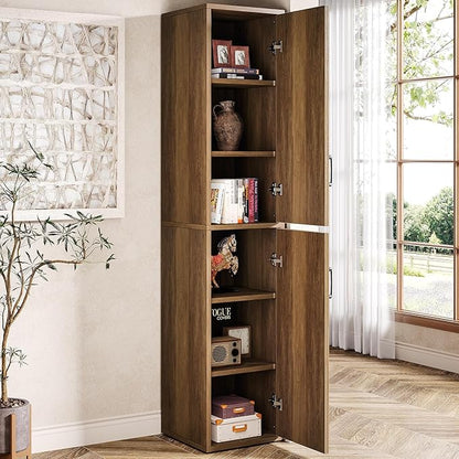 Tribesigns 75" Tall Narrow Storage Cabinet Set of 2, Modern Farmhouse Pantry Cabinet with Doors and 6 Shelves, Skinny Freestanding Utility Cabinet for Kitchen, Bathroom, Laudry, Living Room, Brown