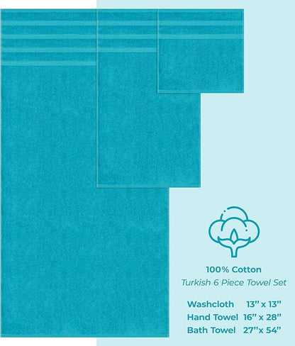 American Soft Linen Luxury 6 Piece Towel Set, 2 Bath Towels 2 Hand Towel 2 Washcloths, 600 GSM 100% Cotton Turkish Towels for Bathroom, Aqua Blue Towel Sets