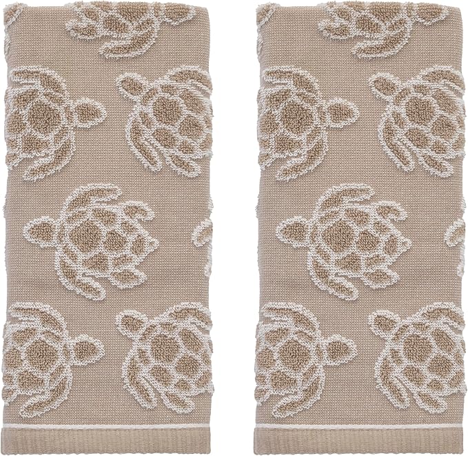 SKL Home Turtle Sculpted 100% Cotton Jacquard 2pc Hand Towel Set, Coastal, Reversible & Decorative for Bath/Kitchen/Bar/Beach House & Gift, Taupe