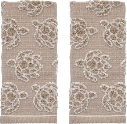SKL Home Turtle Sculpted 100% Cotton Jacquard 2pc Hand Towel Set, Coastal, Reversible & Decorative for Bath/Kitchen/Bar/Beach House & Gift, Taupe