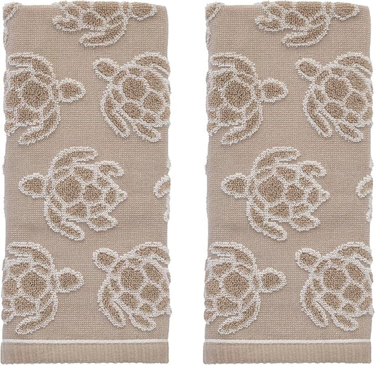 SKL Home Turtle Sculpted 100% Cotton Jacquard 2pc Hand Towel Set, Coastal, Reversible & Decorative for Bath/Kitchen/Bar/Beach House & Gift, Taupe