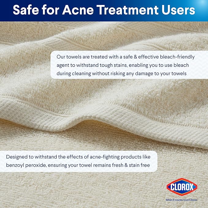 Clorox Bleach Friendly Towels, Quick Dry, 100% Cotton Bath Towels (30" x 52"), Highly Absorbent Soft Lightweight, Ideal for Everyday Use, Easy to Wash (2 Pack, Ivory)