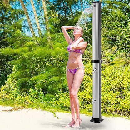 Giantex 7.2 FT 10 Gallon 2-Section Solar-Heated Outdoor Shower, Pool Shower W/Free-Rotating Shower Head, Foot Tap Spigot, Faucet, Temperature and Pressure Adjustment for Backyard, Garden, Beach Spa