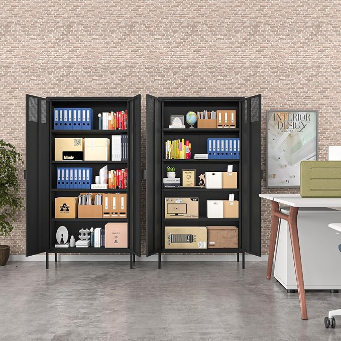COFaR 5 Tier Black Metal Storage Cabinet, Free Standing with 2 Doors, 4 Adjustable Shelves and Legs, Cupboard Metal Cabinet for Living Room, Kitchen, Dining Room, Office