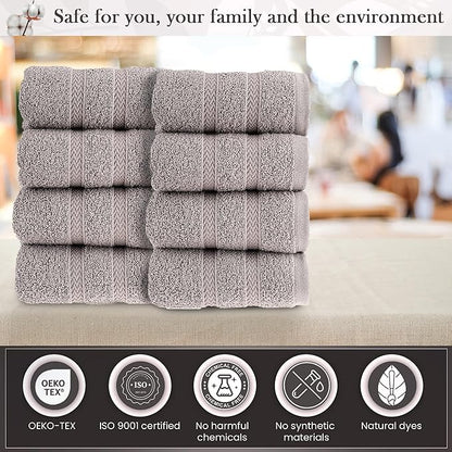 HALLEY Turkish 8 Pack Premium Washcloths (8 Pieces) 650 GSM Highly Absorbent Super Soft 100% Cotton - 8 Washcloths (Gray)