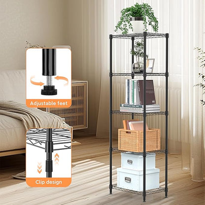 5 Tiers Shelf Metal Storage Shelves Wire Rack Closet Organizers with Wheel for Garage Kitchen Bathroom Laundry Black 11.8" D x 17.7" W x 55" H