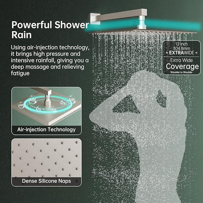 Hoimpro 12 Inch Shower System Set Bathroom Rain Shower Head Brass 2 In 1 Handheld Sprayer Wall Mounted, Rainfall Shower Faucet Spray Fixture Valve Kits Combo Showerhead, Brushed Nickel
