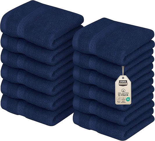 Utopia Towels 12 Pack Premium Wash Cloths Set, 12 by 12 Inches, 100% Cotton Ring Spun, Highly Absorbent and Soft Feel Essential Washcloths for Bathroom, Spa, Gym, and Face, Navy Blue