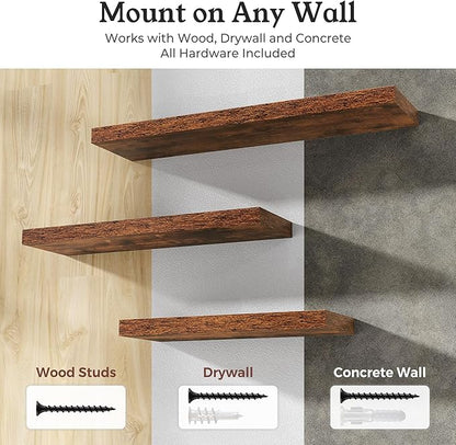 Floating Shelves for Wall, 7.9" Deep Wall Mounted Wood Shelves for Bathroom, Bedroom, Living Room, Kitchen, Hanging Shelf for Books/Storage/Room Decor (Brown, 16")