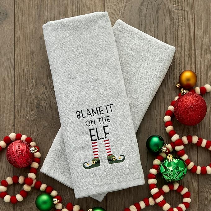 SKL Home Christmas/Winter Blame It On The Elf Hand Towel 2pc Set for Bath/Kitchen & Gift, Gray