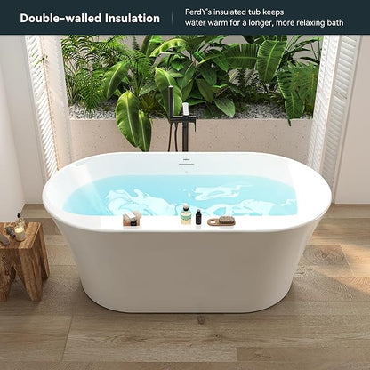 FerdY Mauritius 59" Acrylic Freestanding Tub, Oval Contemporary Soaker Tub, Extra Deep Bathtub, Gloss White Drainage and Minimalist Linear Design Overflow, Modern White, cUPC Certified
