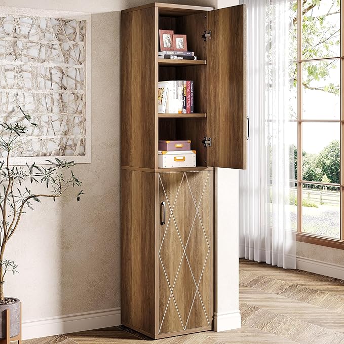 Tribesigns 75" Tall Narrow Storage Cabinet, Modern Farmhouse Pantry Cabinet with Doors and 6 Shelves, Skinny Freestanding Utility Cabinet for Kitchen, Bathroom, Laudry, Living Room, Brown