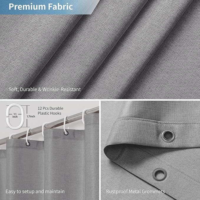 2-in-1 Waterproof Long Fabric Shower Curtain or Liner,Linen Textured,78 Inch Breathable TPU & Washable Bathroom Shower Curtain Set with 12 Plastic Hooks,Modern,72"x78" Grey