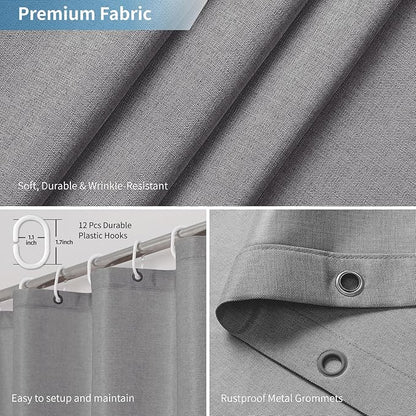 2-in-1 Waterproof Long Fabric Shower Curtain or Liner,Linen Textured,78 Inch Breathable TPU & Washable Bathroom Shower Curtain Set with 12 Plastic Hooks,Modern,72"x78" Grey