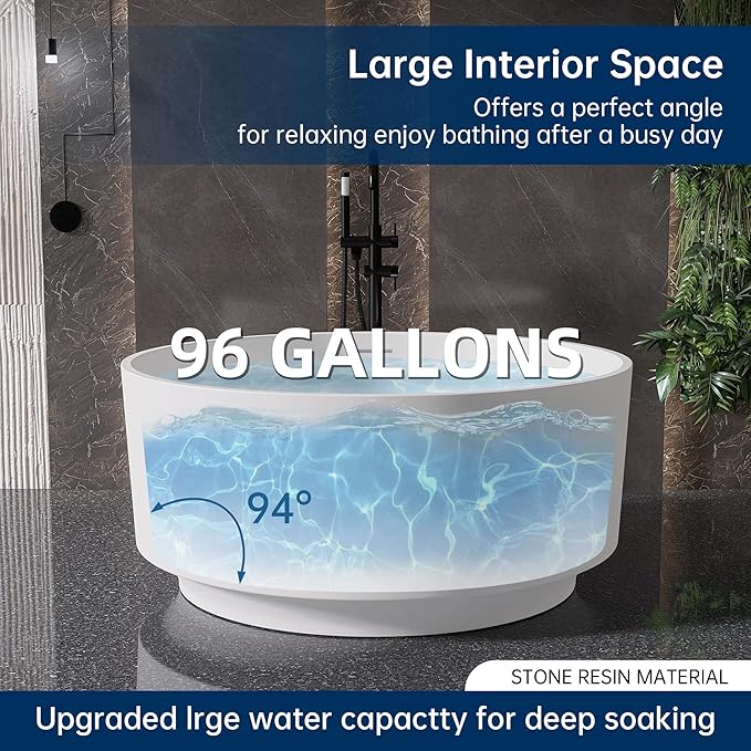 49'' Round Soaking Bathtub Resin Stone Freestanding Bathtub Soaking Deep Tub Solid Surface Bathtub with Overflow and Pop-up drain in White