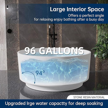 49'' Round Soaking Bathtub Resin Stone Freestanding Bathtub Soaking Deep Tub Solid Surface Bathtub with Overflow and Pop-up drain in White