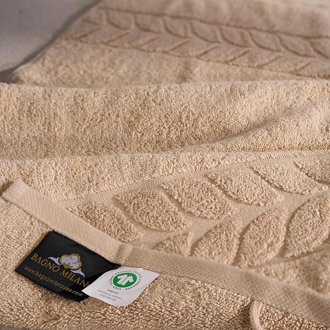 BAGNO MILANO Organic Turkish Cotton Bath Towels, Luxury Jacquard Collection, Certified Organic Highly Absorbent, Soft-Plush Towel Set (Latte, Bathsheet)