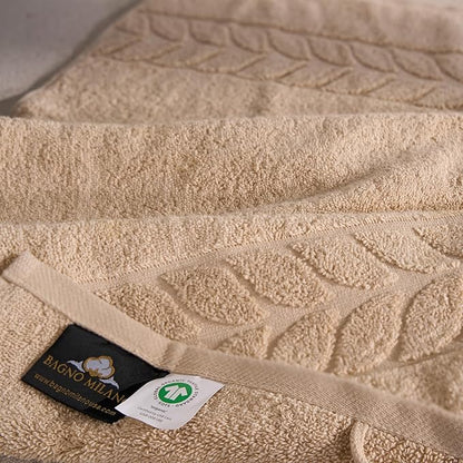 BAGNO MILANO Organic Turkish Cotton Bath Towels, Luxury Jacquard Collection, Certified Organic Highly Absorbent, Soft-Plush Towel Set (Latte, 2 Pcs Bath Towel Set)