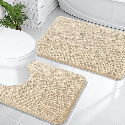 OLANLY Bathroom Rugs Sets 2 Piece, Soft Absorbent Chenille Bath Mats and U-Shaped Contour Toilet Mat Area Rug Set, Machine Washable Bath Carpet, Home Decor Accessories(30"x20"+24"x20", Beige)