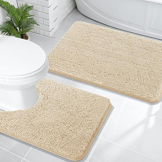 OLANLY Bathroom Rugs Sets 2 Piece, Soft Absorbent Chenille Bath Mats and U-Shaped Contour Toilet Mat Area Rug Set, Machine Washable Bath Carpet, Home Decor Accessories(30"x20"+24"x20", Beige)