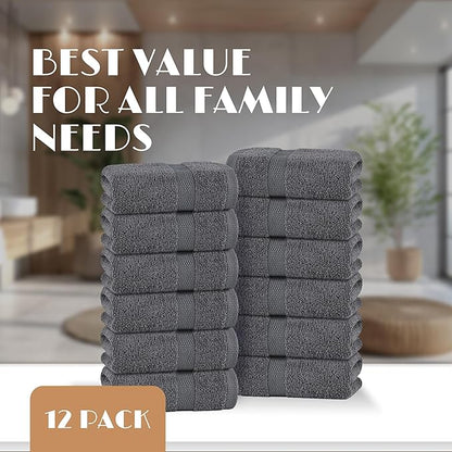 White Classic Dark Gray Washcloths Set for Body and Face Towel, Cotton Wash Cloths Bulk 12 Pack, Spa Fingertip Wash Clothes 12x12 Inch, Soft Absorbent Gym Towels